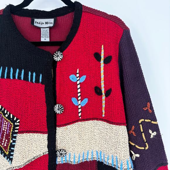 Indigo Moon Geometric Embroidered Beaded Colorblock Cardigan Sweater Size M - Picture 2 of 7